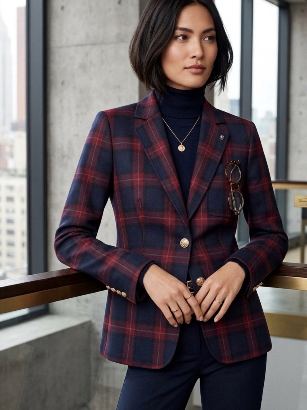 Tommy Hilfiger Navy and Burgundy Plaid Tailored Blazer
